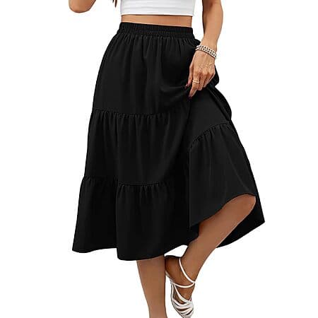 Lyrur Skirts for Women Elastic Waist Aline Tiered Ruffle Casual Beach Summer Midi Black Skirt with Pockets(S,9193-Black) $7.45